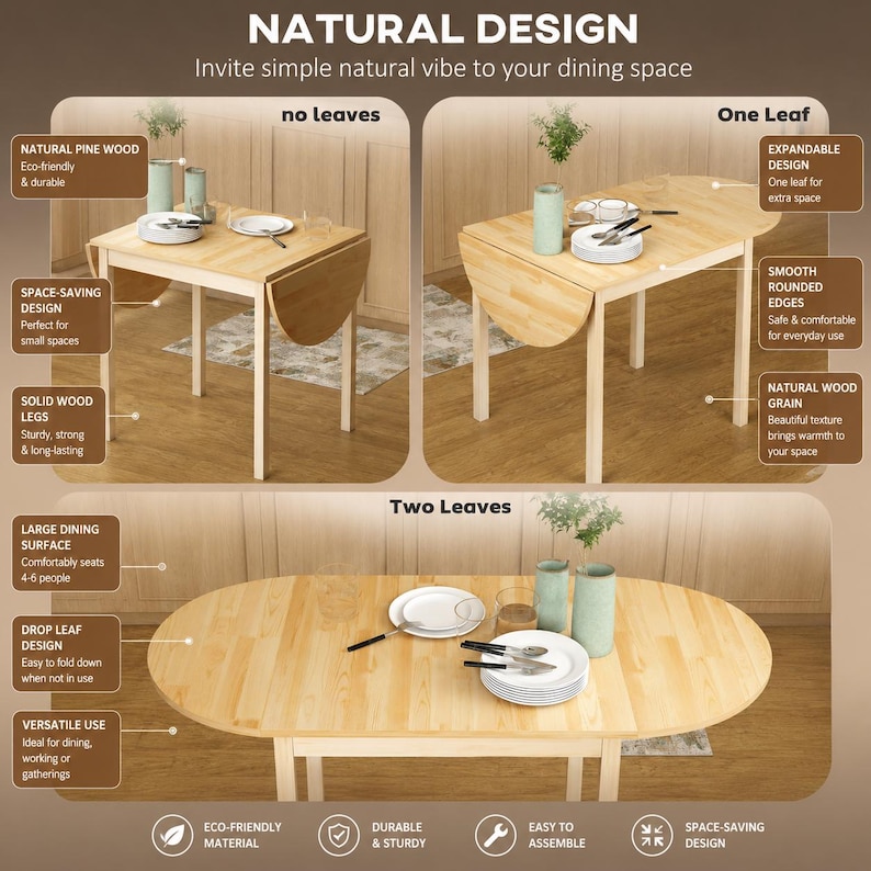 Pu&ograve; includere: Un tavolo da pranzo in legno di pino chiaro mostrato in tre configurazioni: senza ali, con un'ala e con due ali. Il tavolo presenta un design a ribalta con bordi arrotondati, gambe in legno massello e una venatura del legno naturale visibile.
