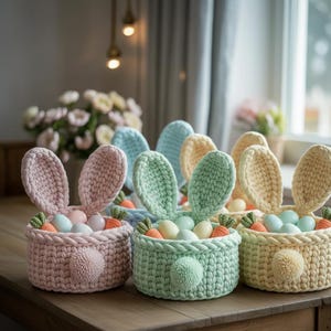 May include: A collection of pastel-colored Easter baskets shaped like bunnies. Each basket is crocheted and features large, upright ears, a pom-pom tail, and a woven carrot and egg arrangement. The baskets are filled with colorful eggs.