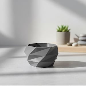 May include: A gray geometric planter with a faceted design. The small, modern pot is empty and sits on a light-colored surface. A small succulent plant in a gray pot is in the background.