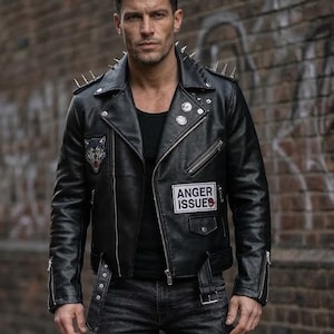 Chaqueta de motociclista de cuero negro con pinchos para hombre - Estilo gótico punk rock