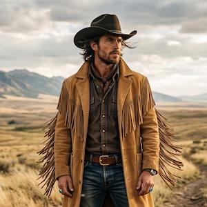 May include: A tan suede fringed coat, brown cowboy hat, and blue jeans. The coat has long fringe along the sleeves and hem. The person is standing on a dirt path in a field with mountains in the background.
