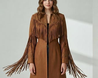Kurtka z frędzlami z zamszu w stylu western | Płaszcz w stylu boho kowbojka z frędzlami | Odzież wierzchnia w stylu vintage z ćwiekami na festiwal rodeo | Prezent dla niej w stylu hippie