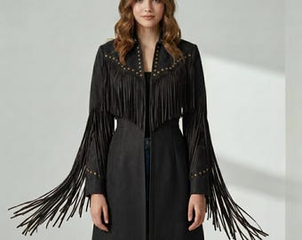 Kurtka z frędzlami z zamszu w stylu western | Płaszcz w stylu boho kowbojka z frędzlami | Odzież wierzchnia w stylu vintage z ćwiekami na festiwal rodeo | Prezent dla niej w stylu hippie