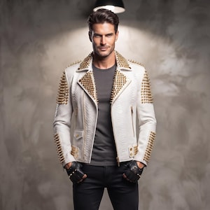 Herren Spiked Leder Bikerjacke Python Embossed Punk Rock Motorradmantel Gothic Rock-Star Steampunk Street-Wear