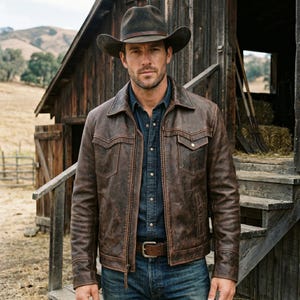 Chaqueta vaquera de cuero marrón desgastado para hombre, estilo vintage, ideal para rodeos o como prenda de abrigo resistente hecha a mano para motociclistas.