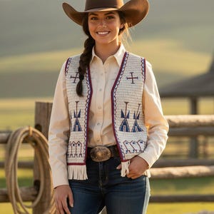 Puede incluir: Una mujer con un chaleco color crema con un diseño nativo americano, una camisa abotonada de color claro y vaqueros azules. El chaleco tiene un ribete rojo y flecos en la parte inferior. También lleva un sombrero de vaquero marrón y un cinturón con hebilla decorativa.