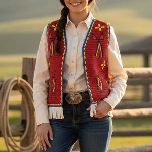 May include: A red crochet vest with geometric patterns in yellow and navy blue, trimmed with blue and white fringe. The vest is worn over a cream-colored button-down shirt and blue jeans. A brown belt with a decorative buckle completes the look.