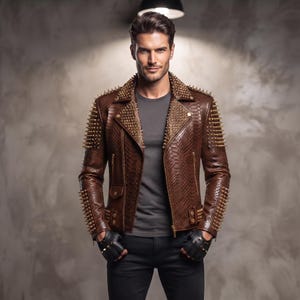 Herren Spiked Leder Bikerjacke Python Embossed Punk Rock Motorradmantel Gothic Rock-Star Steampunk Street-Wear