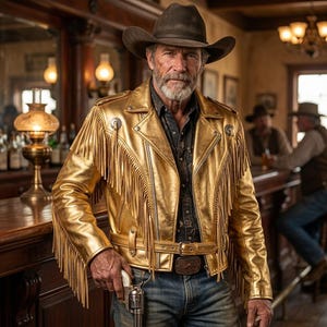 Könnte beinhalten: Goldene Lederjacke mit Fransen, getragen von einer Person mit Cowboyhut. Die Jacke hat einen Reißverschluss und dekorative silberne Nieten. Die Person hält einen silbernen Revolver. Der Hintergrund zeigt eine Saloon-Kulisse.