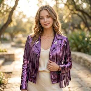 Damen Lila Leder Fransenjacke - Western Cowgirl Biker Stil - Boho Blazer Jacke - Geschenk für Sie - Gothic Moto Mantel
