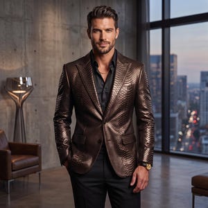 Peut inclure: Un blazer bronze métallisé avec un motif texturé en peau de serpent, doté d'un revers cranté et de deux boutons sur le devant. Le blazer est porté sur une chemise noire unie, avec un pantalon noir et une montre dorée au poignet gauche.