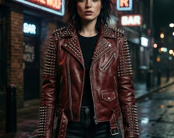 Women’s Studded Burgundy Leather Biker Jacket - Punk Rock Spiked Moto Jacket