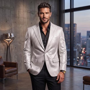 May include: A white blazer with a textured snakeskin pattern, worn over a black button-down shirt and black trousers. The blazer features notched lapels, two front pockets with flaps, and a single button closure. A gold watch is on the left wrist.