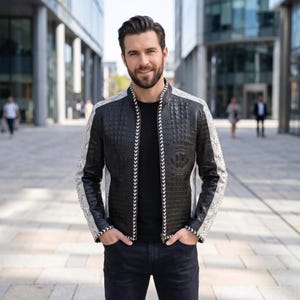 Men's Crocodile Leather Biker Jacket - Luxury Alligator Python Print Bomber Handmade Exotic Motorcycle Coat