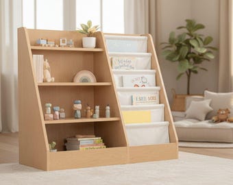 Montessori Bookshelf for Kids – Wooden Toddler Bookcase & Toy Storage for Nursery or Playroom