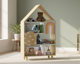 Montessori House Bookshelf, Kids Toy Storage Organizer, Modern Toddler Bookcase, Playroom Furniture