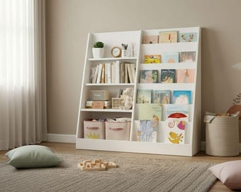 Montessori Kids Bookshelf, White MDF Wood Toy Storage Organizer