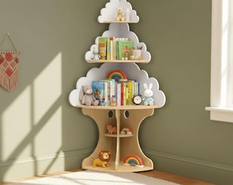 Montessori Cloud Bookshelf, L-Shaped Corner Organizer, Wood Nursery Shelf