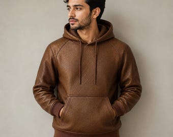 Felpa con cappuccio da uomo in similpelle marrone – Felpa casual con cappuccio
