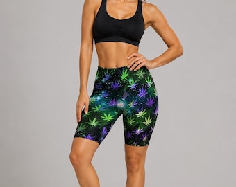Women's Galaxy Leaf Print Biker Shorts – High Waist Stretch Workout Shorts