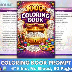 以下が含まれることがあります： 「1000+ Coloring Book Prompt Vault」と書かれたカラフルな塗り絵本の表紙。表紙には宝箱、画材、塗り絵のサンプルページが描かれています。この本は15.24 x 22.86 cmで、60ページあります。