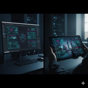 May include: A computer monitor and tablet displaying a complex interface with neon green and pink graphics. The monitor sits on a desk with a keyboard and mouse. The tablet shows a cityscape.