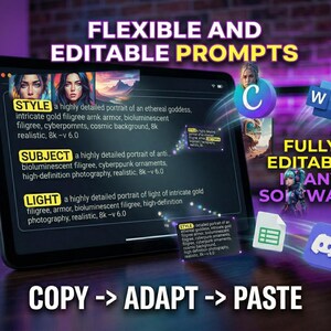 May include: A digital tablet displays text prompts with the words "FLEXIBLE AND EDITABLE PROMPTS". The screen shows examples of prompts for art generation, with the text "COPY -> ADAPT -> PASTE". Icons for software like Microsoft Word, Excel, and Discord are also visible.