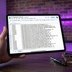 May include: A tablet displaying a spreadsheet titled "V6 ORGANIZED CATALOG" is held in a hand. The spreadsheet contains rows of text. Two pens and a small notebook are on the table. The background features a brick wall and purple lighting.