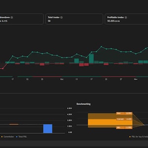 Op de afbeelding: Een donker thema data visualisatie dashboard met financi&euml;le prestatiegegevens. Het bovenste gedeelte toont een lijngrafiek met groene en rode lijnen, samen met belangrijke gegevenspunten zoals totale P&L en winstgevende transacties. Daaronder illustreren staafdiagrammen de winststructuur.