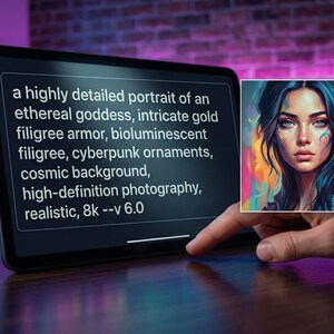 May include: A digital art portrait of a woman with blue and black hair, and colorful accents. The image is displayed on a tablet with text describing the artwork as a highly detailed portrait of an ethereal goddess with intricate gold filigree armor.