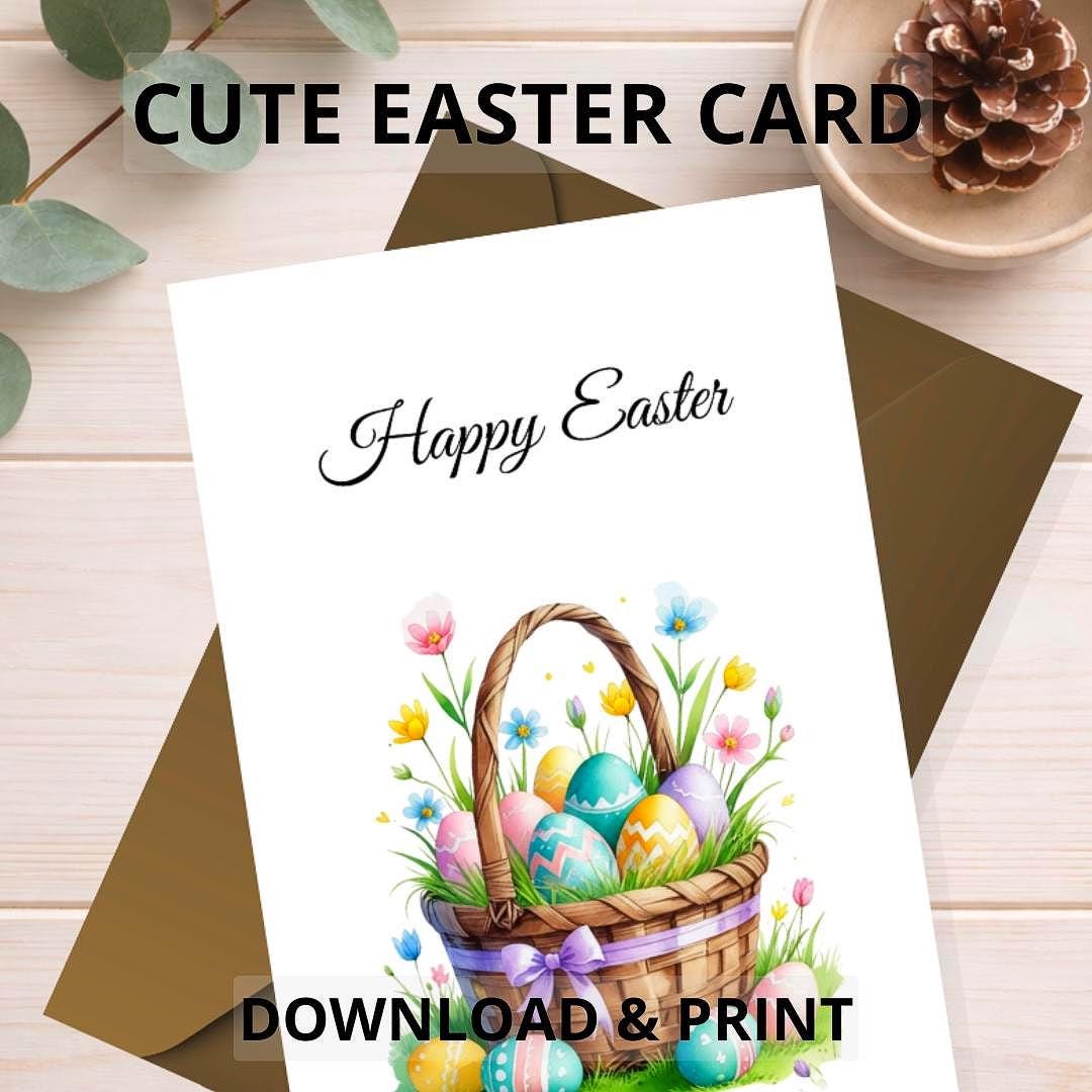 Happy Easter Card, Printable 5x7 Greeting Card, Spring Basket Eggs, A4 ...