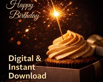 Digitalt födelsedagskort med glittermuffin | Elegant födelsedagshälsning | Direkt nedladdning |