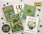 St Patricks Day Printable Cards Lucky Clover Leprechaun Holiday Greeting 5x7 Instant Download