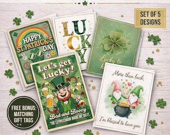 Utskrivbara kort för St Patricks Day, lyckoklöver, pyssling, julhälsning, 5x7, direktnedladdning