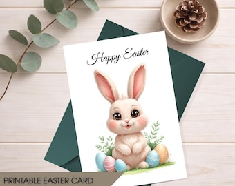 Easter Bunny Card, Happy Easter Greeting, 5x7 Folded Printable, Instant Download, A4 & US Letter