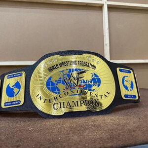 Intercontinental Championship Belt Replica, Custom Title Belt, Gold Blue Globe Adult Size