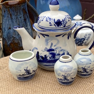 Vintage Delft Blue Teapot & Shakers – Hand Painted Holland Windmill Pottery Set