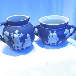 Vintage Blue Jasperware Style Jug and Sugar Bowl Set, Classical Relief Pottery