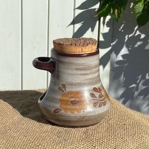 Vintage Studio Pottery Cork Jar | Brown Floral Stoneware Storage Pot | 1970s Rustic Ceramic Jar | Saint-Émilion France