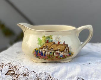 Vintage Alfred Meakin Gravy Boat – Cottage Scene English Ironstone Jug