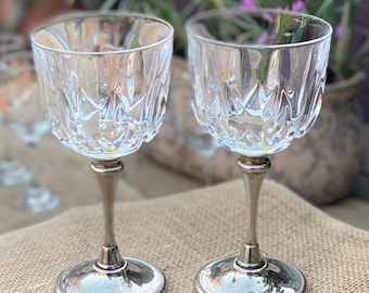 Verres à vin en cristal Royale County vintage - Pieds en métal argenté - Lot de 2 - Accessoires de bar rétro