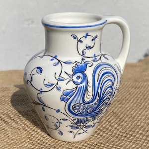 Jarra pequeña vintage Anfora Águeda / Cerámica portuguesa pintada a mano / Jarra de crema de cerámica azul y blanca / Jarra de leche de arte popular