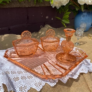 vintage glass dressing table set and Stool in Brass, 1950s, of 2 for sale at Pamono Rare blue Bohemian etched glass dressing table set with three vanity bottles in the style of Friedrich Egermann Vintage 7 Piece Pink Glass