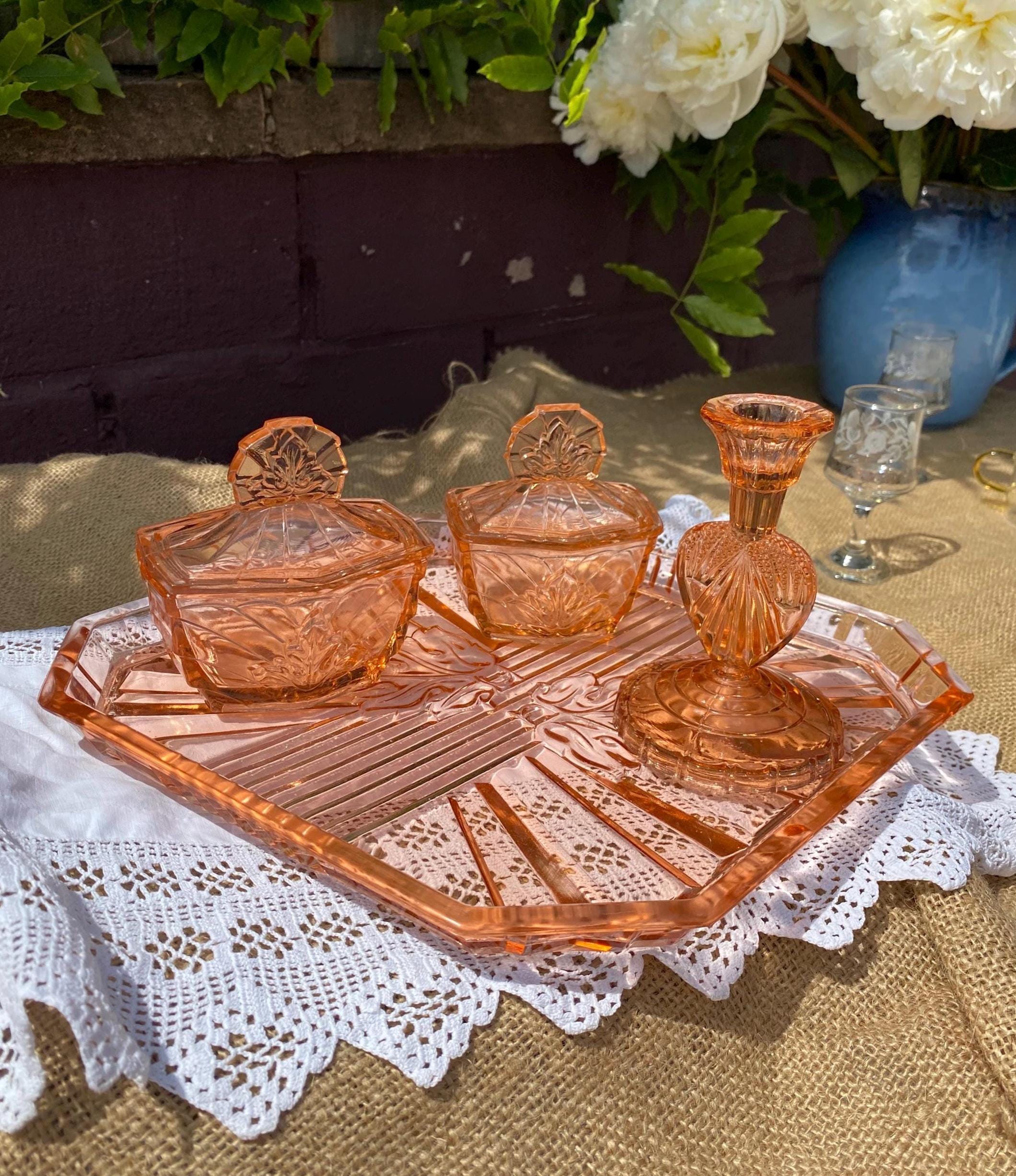 vintage pink glass dressing table set Pink Glass Vanity Set | Dressing Table | Retro Vintage Unique