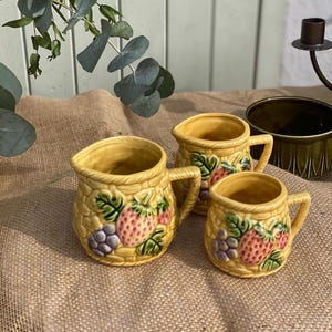 Vintage Japanese Ceramic measuring Jugs | Strawberry Fruit Relief Cups, Cottage Kitchenalia