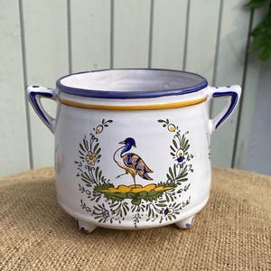 Vintage French La Renoleau Pottery Planter | Angoulême Cachepot | Bird Motif Ceramic Jardinière | French Country Home Decor