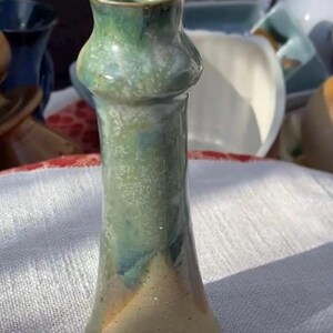 Vintage Studio Pottery Bud Vase – Sage Green Drip Glaze, Signed Stoneware