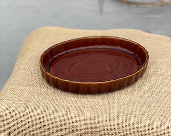 Vintage Denmead Pottery Oval Flan Dish – Brown Glazed Stoneware Pie Quiche Baking Dish