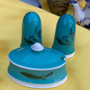Susie Cooper Turquoise Cruet Set – 1950s Bone China Salt Pepper Mustard Pot
