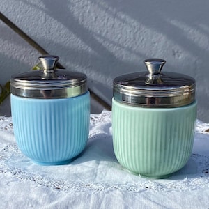 Tarros de cerámica vintage en tonos pastel – Tarros de menta azul acanalados, tapas de acero inoxidable